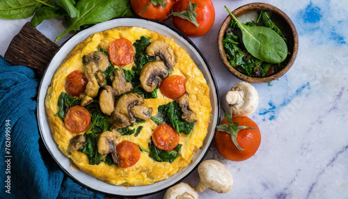 Food Photography - Veggie Omelette with Spinach, Tomatoes, and Mushrooms