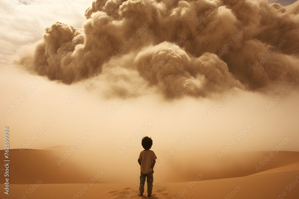 Kid standing in front of a massive sandstorm, kid standing next to sandstorm looking up Kid standing in front of a massive sandstorm, kid standing next to sandstorm looking up