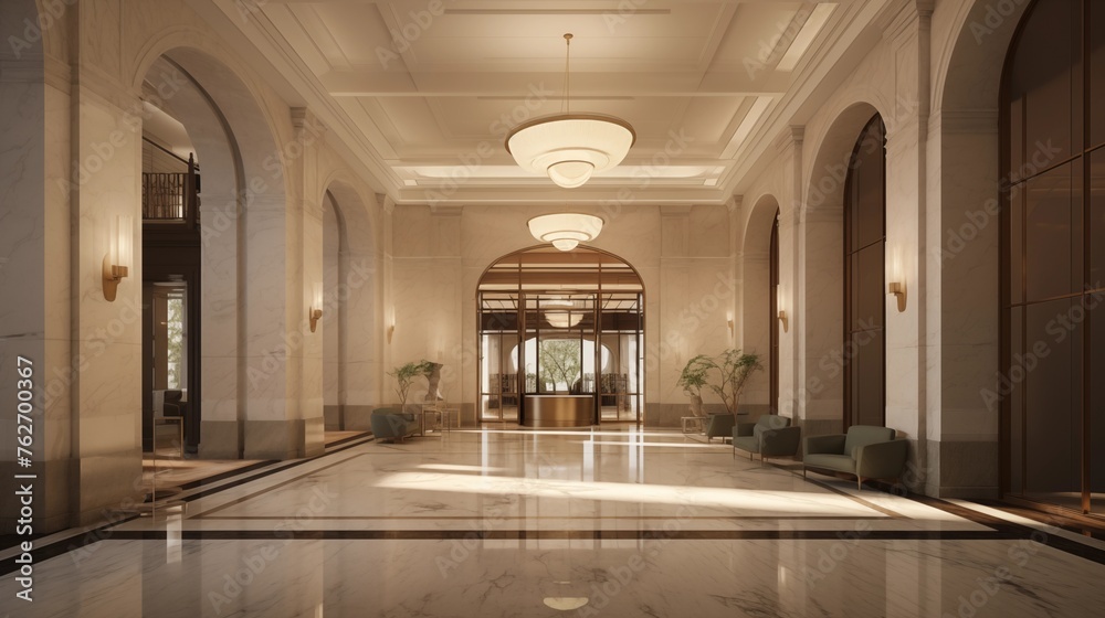 Performing arts lobby with light stone and aged bronze metalwork detailing.