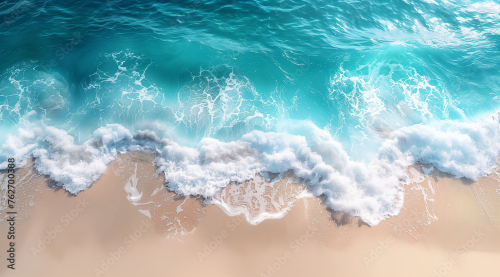 Aerial view of ocean waves crashing on sandy beach. Nature seascape background. Concept for travel, summer, and tropical design. Aerial view of ocean waves crashing on sandy beach. Nature seascape background. Concept for travel, summer, and tropical design.