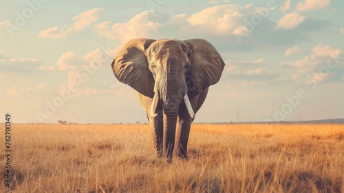 Big elephant animal on savanna at sunset nature background. AI generated image