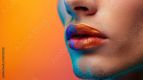  lifestyle fashion lgbtq concept. Young gay man with makeup in bright rainbow color paint lips with lipstick 
