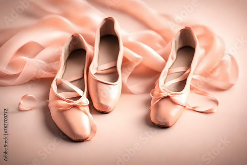 A pair of elegant pastel peach ballet shoes placed on a soft gradient floor photo