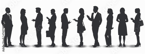  black and white, group of business people silhouettes standing in a line talking to each other Generative AI #762700945