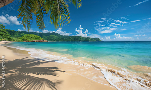 Tropical beach with palm leaves shadow  white sand  and clear turquoise ocean. Serene beach landscape concept for travel and holiday design..