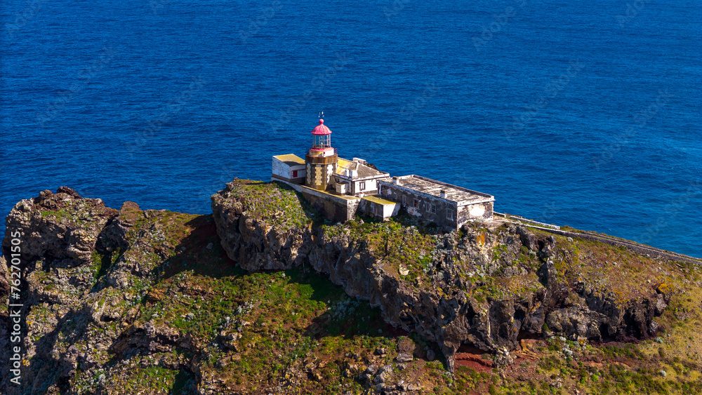Lighthouse at Sao Lourenco peninsula on Madeira from an aerial view.
Drone photos of Farol da Ponta de São Lourenço with ocean waves and clouds.