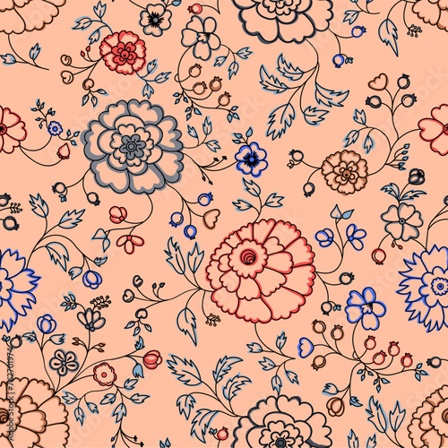 Hand draw seamless pattern floral elements. Arabic, oriental, indian motiv. Hand draw vector illustration