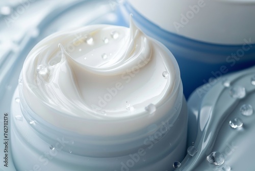 closeup shot of a bottle with water drops of bluecolored chiboust cream on a dishware. The liquid cream looks smooth and creamy, ready to be used as an ingredient in drinkware photo