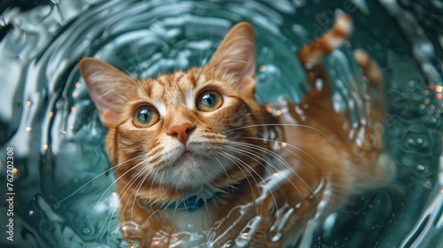  Cat in water, surprised expression