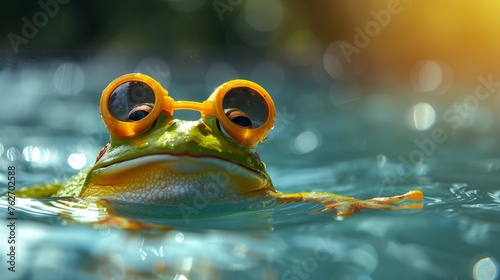  A detailed image of a frog wearing goggles, partially submerged in water