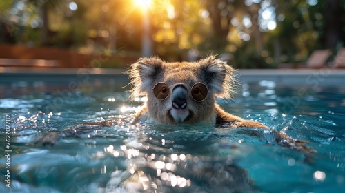  A photo of a koala swimming in a pool, with sunlight filtering through the surrounding trees in the background © Nadia