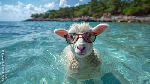  A close-up of a sheep in water, wearing glasses on its face © Nadia
