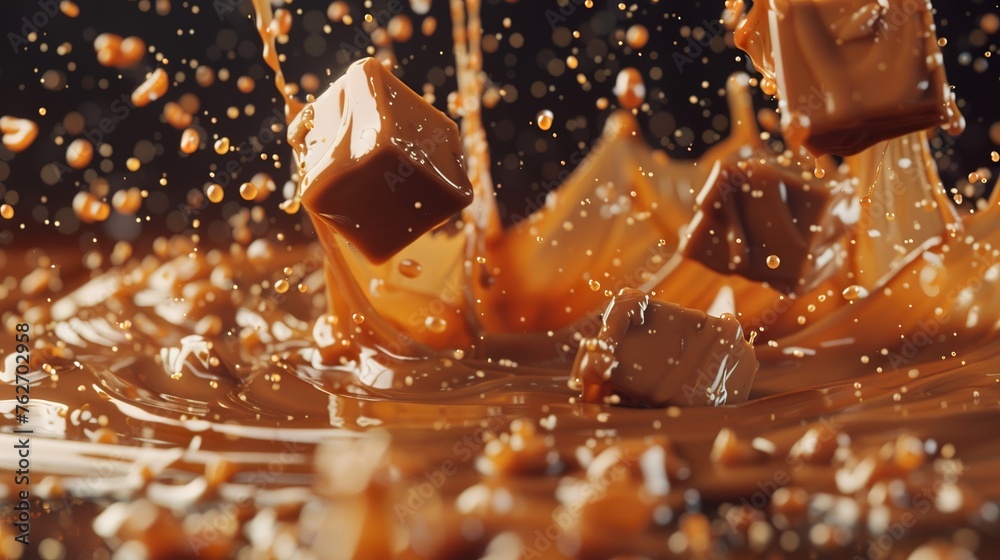 Slow motion shot of caramel chunks falling - obrazy, fototapety, plakaty 