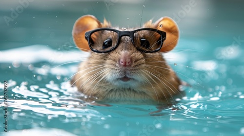   a mouse in swimming goggles in a water pool, with a clear background © Nadia