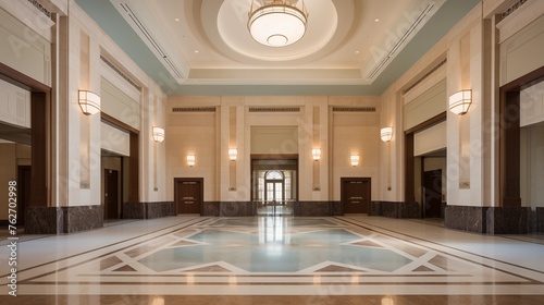 State courthouse building lobby with pale stone and oil-rubbed bronze accents.
