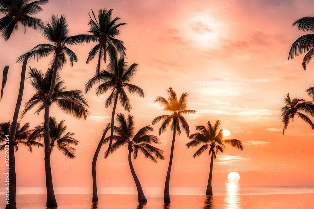 An idyllic beach setting with palm trees swaying in the gentle breeze, while the sun paints the sky in a palette of pastel peach hues during sunset