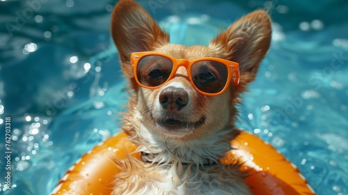  A close-up photo of a dog in sunglasses, sitting in a pool with a raft in its mouth