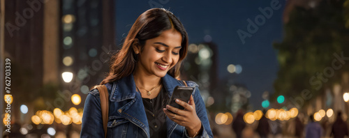 Smiling young Indian girl using mobile phone on city street at night, blurred out of focus background with bokeh lights and copy space for text, wide panoramic horizontal banner