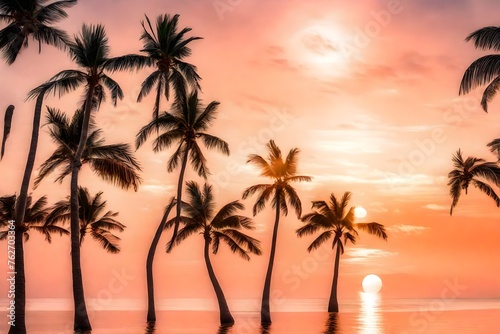 An idyllic beach setting with palm trees swaying in the gentle breeze  while the sun paints the sky in a palette of pastel peach hues during sunset