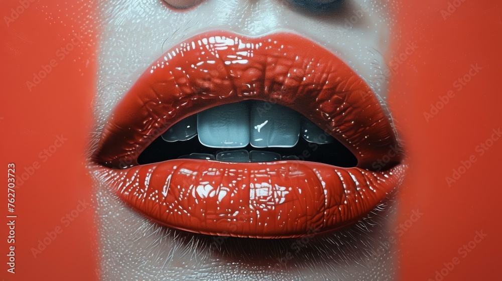  A woman wearing glasses, with an up-close shot of her mouth, featuring vivid red lipstick - obrazy, fototapety, plakaty 