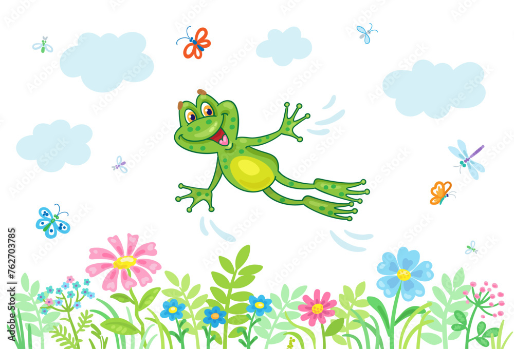 Little cute funny frog flies over a flower field. Isolated on white background. Vector illustration.