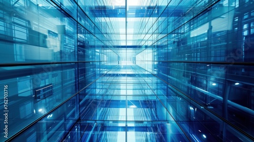 Futuristic office building glass blue toned background. AI generated image © prastiwi