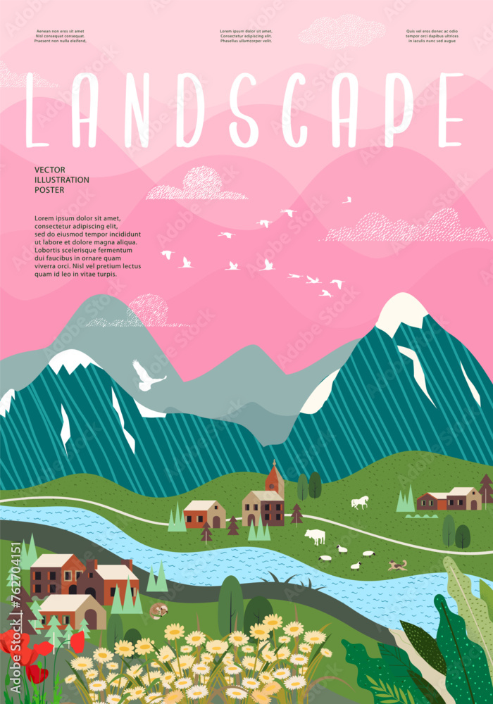 Nature and landscape. Vector illustration of mountains, trees, plants, fields and farms. For prints, cover or card designs, art decoration. Nature and landscape. Vector illustration of mountains, trees, plants, fields and farms. For prints, cover or card designs, art decoration.