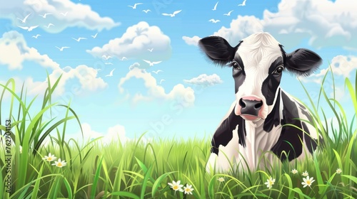 Portrait dairy cow on the green grass field background. AI generated image
