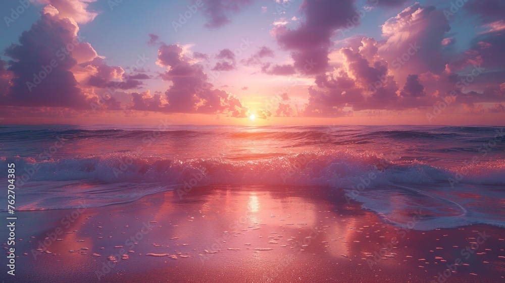 Capture the vibrant hues of a beach sunset, with the sky painted in a gradient of warm oranges, pinks, and purples, reflecting off the tranquil waters below.