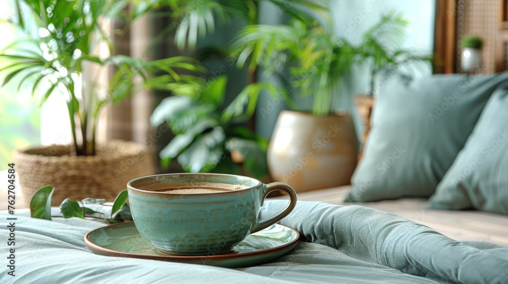A bedside coffee setup with a saucer, cup, and nearby plant A bedside coffee setup with a saucer, cup, and nearby plant