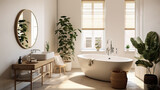 scandinavian bathroom with white and beige walls, white basin with oval mirror, bathtub, shower, plants, and parquet floor.