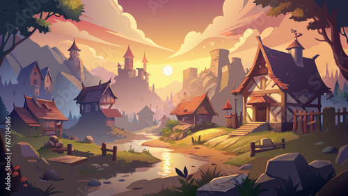 A rustic village- scene bathed in the ethereal vector art