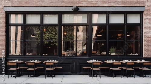 Urban eatery with whitewashed brick and black metal windows and trims.