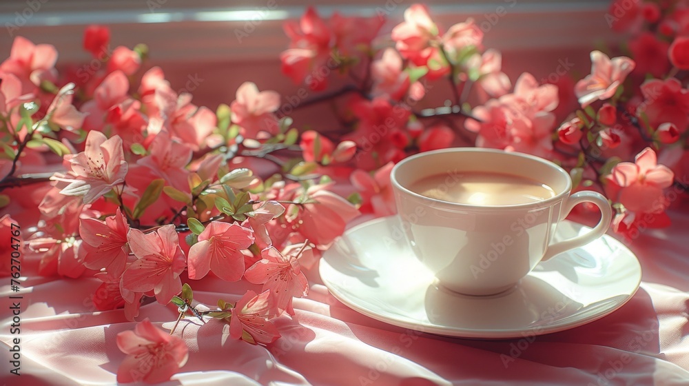 A coffee cup on a saucer next to pink flowers A coffee cup on a saucer next to pink flowers