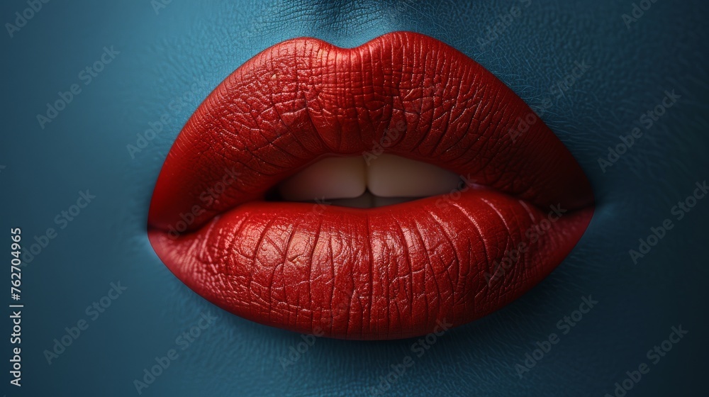 A close-up of a woman's mouth, painted with vibrant red lipstick against a blue backdrop A close-up of a woman's mouth, painted with vibrant red lipstick against a blue backdrop
