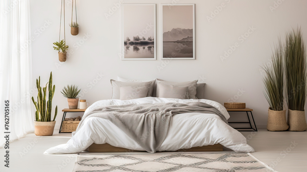 A bedroom with a white bed and a gray blanket. The bed is surrounded by a rug and a few potted plants. The room has a minimalist and clean look, with a focus on the bed as the main focal point - obrazy, fototapety, plakaty 