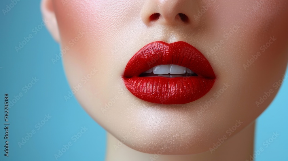A photo of a woman's face with red lipstick on a light blue background A photo of a woman's face with red lipstick on a light blue background