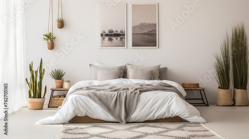A bedroom with a white bed and a gray blanket. The bed is surrounded by a rug and a few potted plants. The room has a minimalist and clean look, with a focus on the bed as the main focal point photo