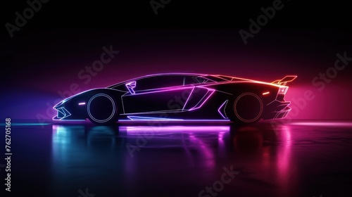 Side view fast speed sport car silhouette on neon glowing modern style. AI generated image