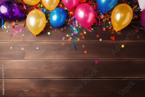 Bright balloons amidst a cascade of confetti on a wooden surface. Colorful Balloons and Confetti Celebration on Wood
