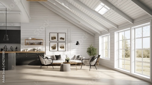White shiplap walls with a dark gray tile floor and light wood ceiling beams.