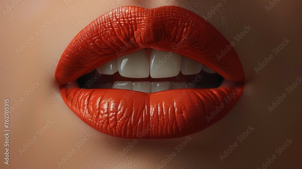 Close-up of a woman's lips with bright orange lipstick on her upper and lower lip Close-up of a woman's lips with bright orange lipstick on her upper and lower lip