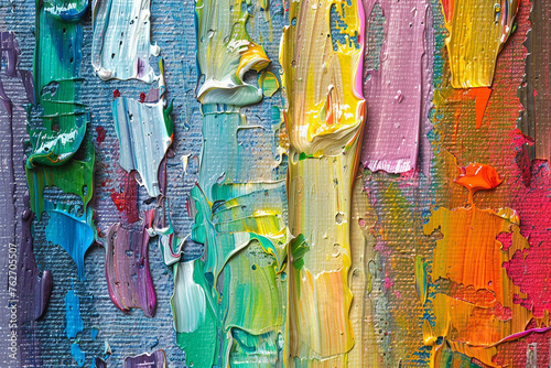 Closeup of Abstract Rough Colorful Multicolored Rainbow Colors Art Painting Texture with Oil Brushstroke Palette Knife Paint on Canvas Dripping Color