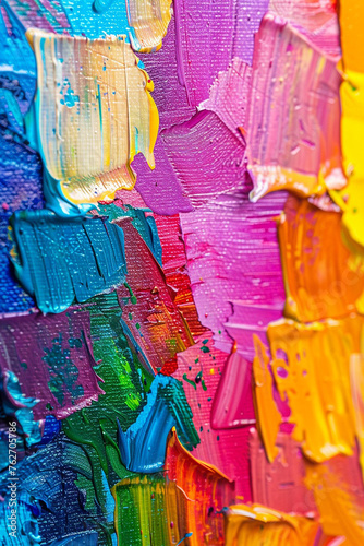 Closeup of Abstract Rough Colorful Multicolored Rainbow Colors Art Painting Texture with Oil Brushstroke Palette Knife Paint on Canvas Dripping Color