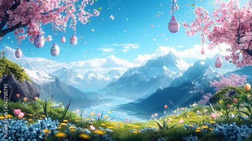  A stunning depiction of a mountainous landscape adorned with flowers and floating eggs above a verdant valley, framed by majestic peaks and vibrant flora in the foreground