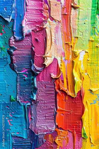 Closeup of Abstract Rough Colorful Multicolored Rainbow Colors Art Painting Texture with Oil Brushstroke Palette Knife Paint on Canvas Dripping Color