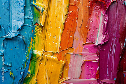 Closeup of Abstract Rough Colorful Multicolored Rainbow Colors Art Painting Texture with Oil Brushstroke Palette Knife Paint on Canvas Dripping Color