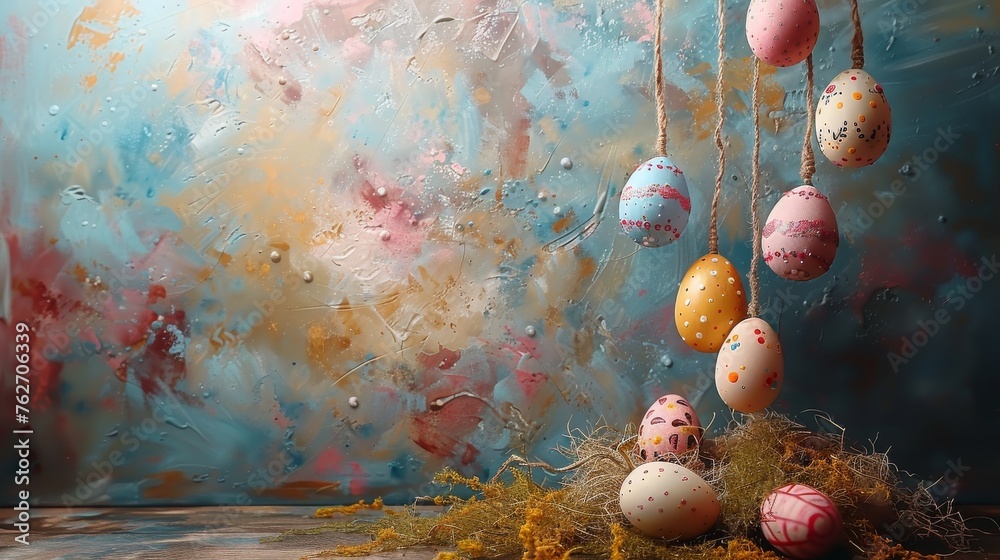  A painting of eggs dangling from strings, in front of windows with dripping water - obrazy, fototapety, plakaty 