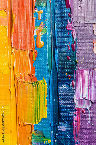 Closeup of Abstract Rough Colorful Multicolored Rainbow Colors Art Painting Texture with Oil Brushstroke Palette Knife Paint on Canvas Dripping Color