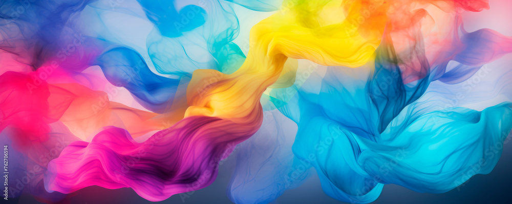 A multicolored background contrasts sharply against a black backdrop, creating a vibrant and visually striking display of colors. Smoke and vapor particles. Banner. Copy space A multicolored background contrasts sharply against a black backdrop, creating a vibrant and visually striking display of colors. Smoke and vapor particles. Banner. Copy space